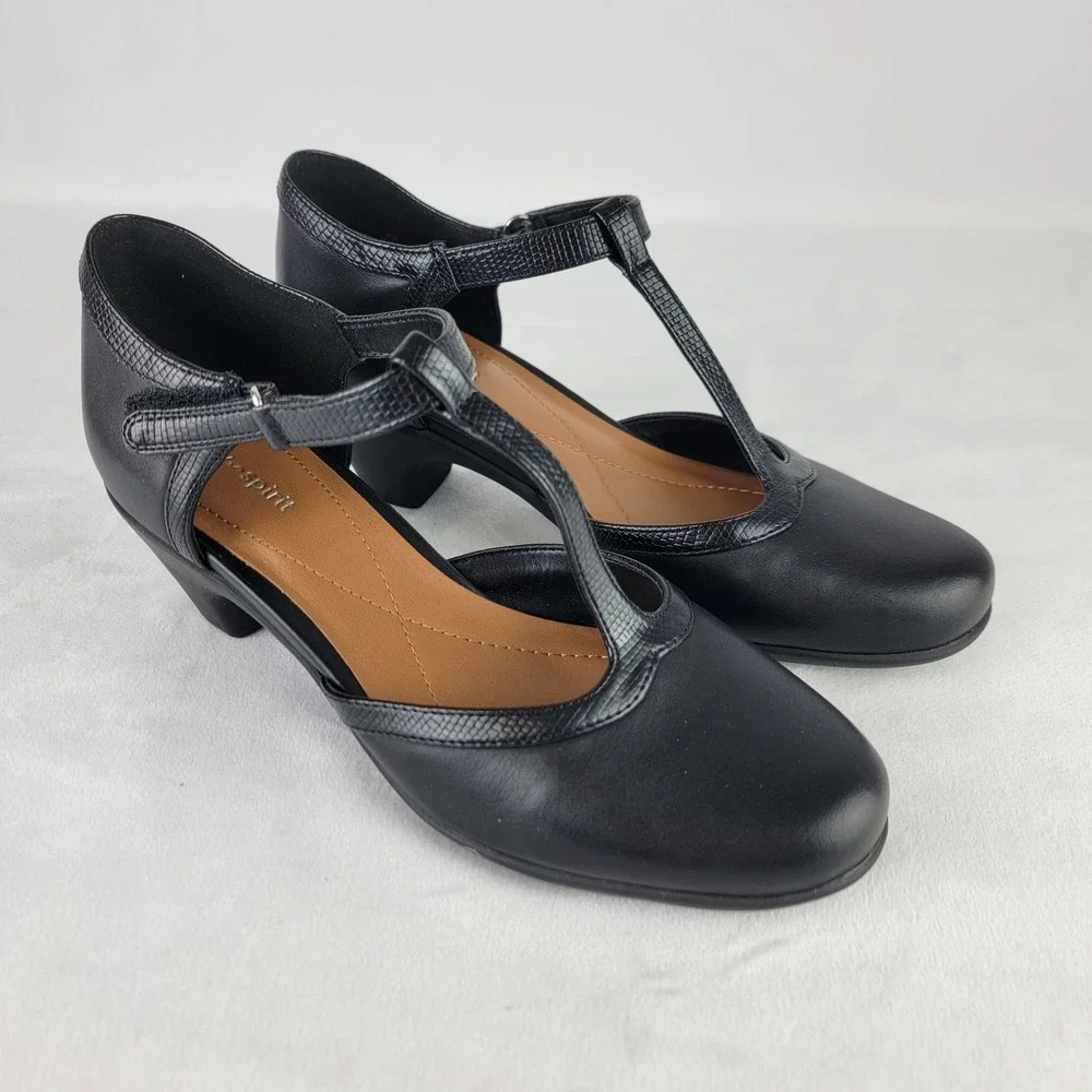 Easy Spirit Cara Black T-Strap Pumps Womens 6.5 M Round Toe Comfort Heels NEW